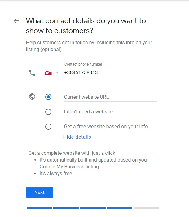 Screenshot of the contact information entry fields