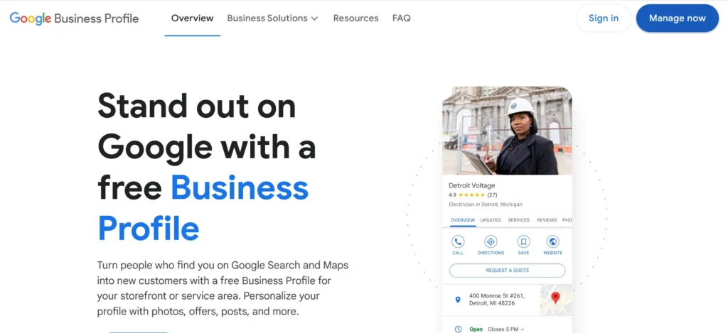 Screenshot of the Google My Business homepage with the "Manage now" button highlighted