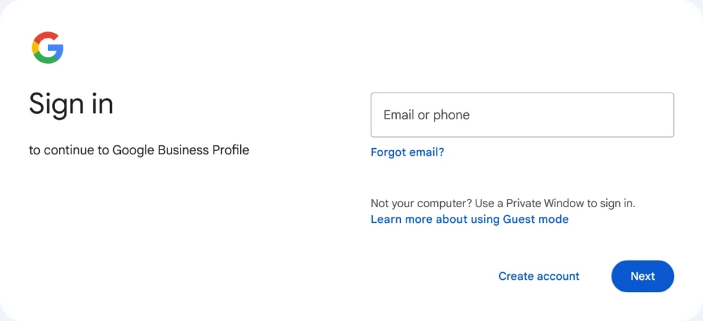 Screenshot of the Google sign-in page with options to sign in or create an account