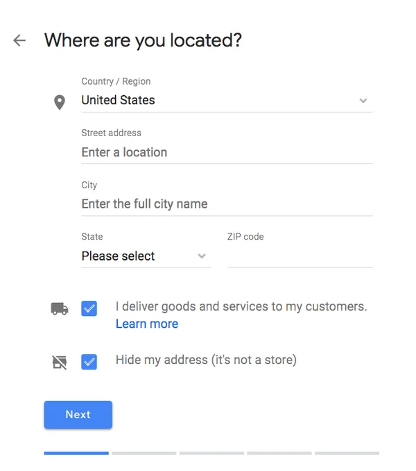Screenshot of the address entry fields