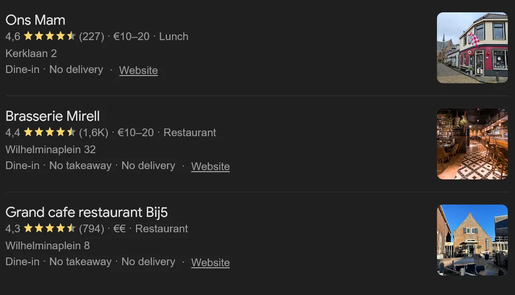 Local Pack looks like in Google SERP for restaurants near me.